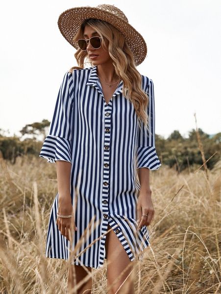 

striped print flounce sleeve shirt dress h4vz#, Black;gray
