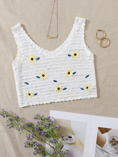 

floral embroidery open knit cover up b8gc#, White;black