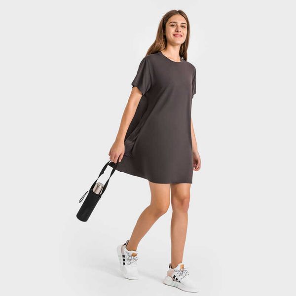 

french round neck casual women's dress solid color skin close naked feeling pleated loose yoga suit shirt dresses workout gym clothes, White;red