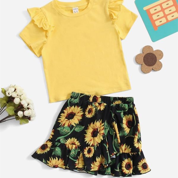 

toddler girls ruffle armhole & sunflower print skirt set she07, White