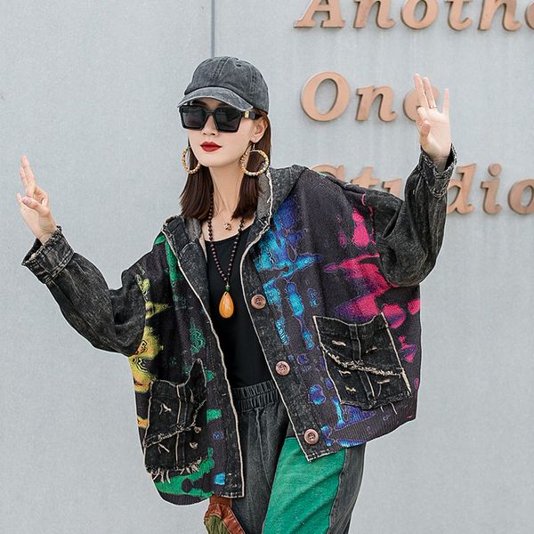 

high street patchwork denim jacket women autumn winter jeans coat casual loose hooded outfit, Black;brown