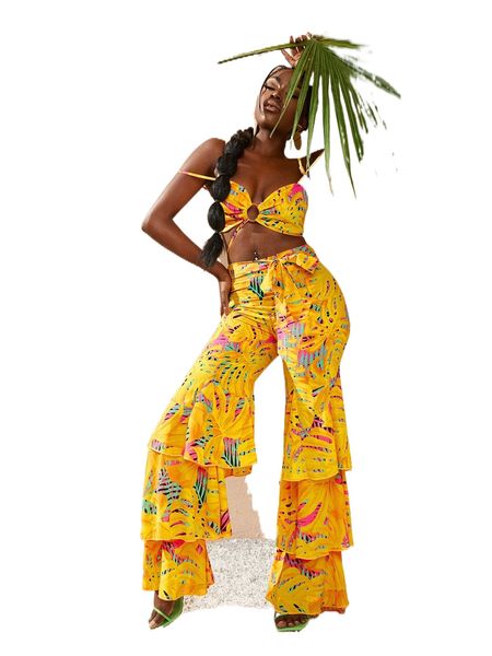 

sxy tropical print ring linked crop & layered hem flare leg pants f6or#, White