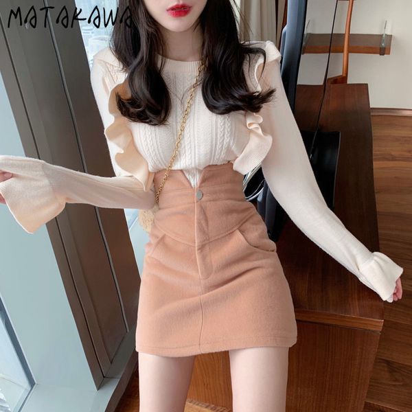 

long sleeve knitted sweater women round neck ruffled woman sweaters fashion slim pullovers korean 210506, White;black