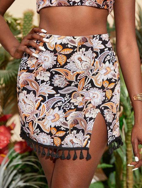 

floral print tassel trim split hem skirt y7dl#, Black
