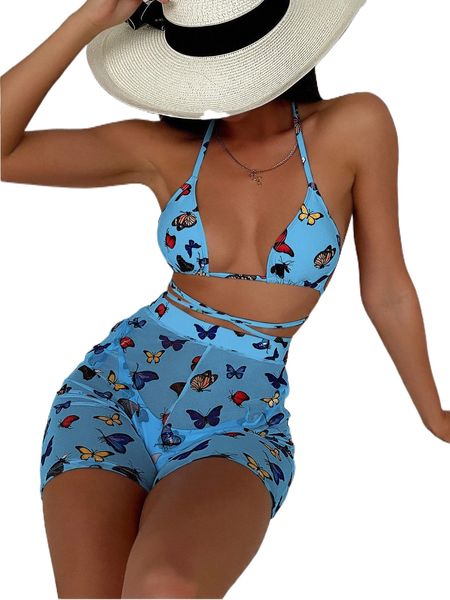

3pack butterfly print bikini swimsuit & cover up shorts w8jt#, White;black