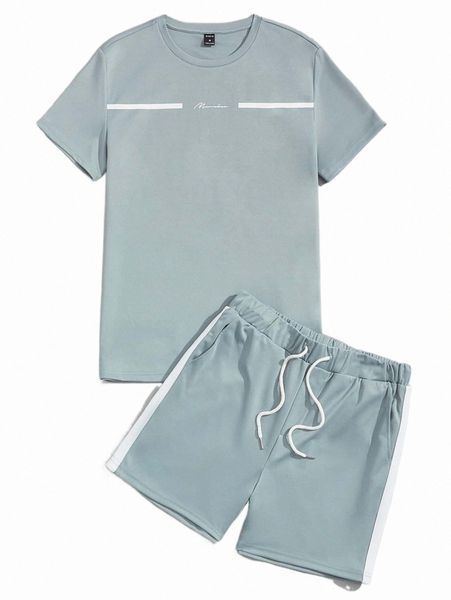 

men letter graphic tee & contrast side seam shorts b8v8#, Gray
