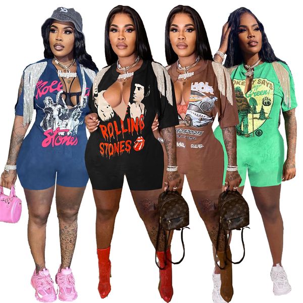 

sell graphic print romper for women deep v-neck tassel shoulder shorts hip hop street slim one piece jumpsuit mn8515, Black;white