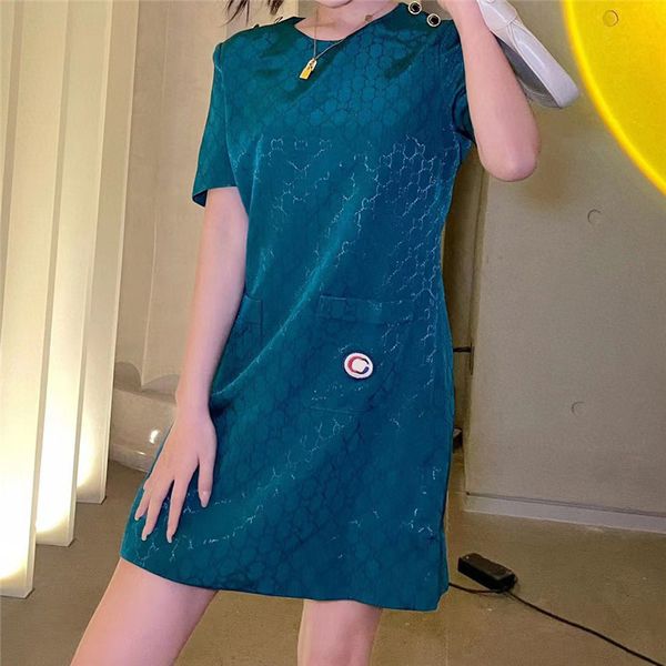 

retro designer short sleeve dresses silk cotton full letters jacquard dress summer shoulder button decoration skirts, Black;pink