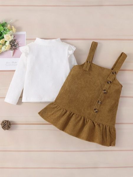 

toddler girls mock neck ruffle trim tee & overall dress she, White