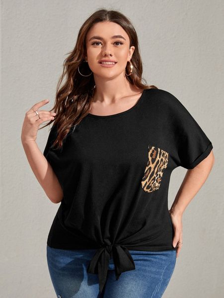 

plus leopard pocket knot hem tee 011x#, Black
