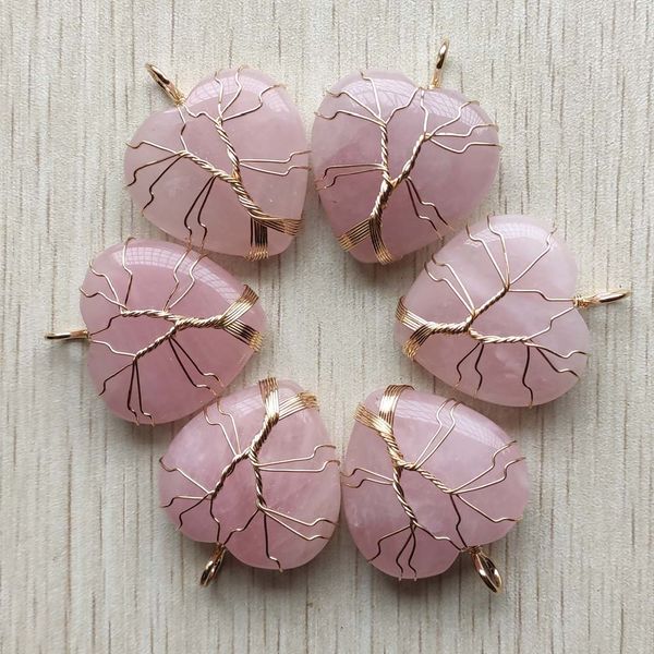 

natural roses quartz stone charms tree of life golden wire wrapped love heart pendants for necklace jewelry marking wholesale, Bronze;silver