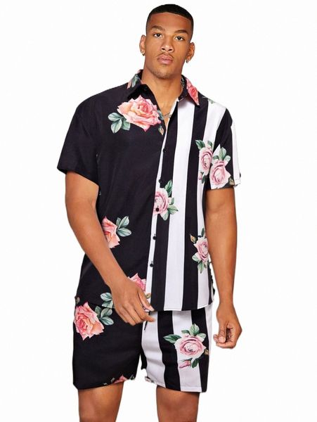 

men random striped & floral print shirt & shorts m4cr#, Gray