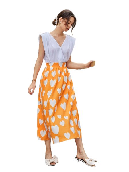 

solid shoulder padded & heart print skirt 56ib#, White