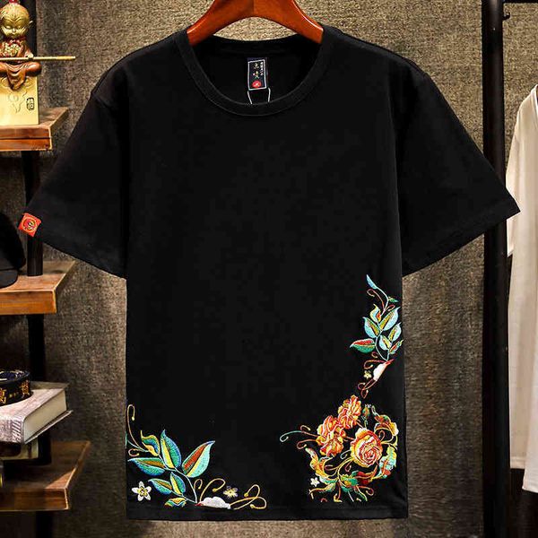 

men's t-shirts chao brand embroidered leaves short sleeve elastic t-shirt black and white 2-color men's wear large pullover clothe, White;black