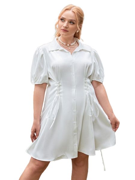 

plus puff sleeve lace up front shirt dress s5ga#, Black