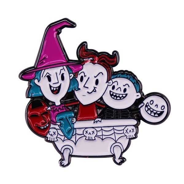 

cartoon three witches in the bathtub badge halloween masque team enamel pin, Blue