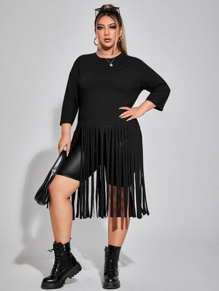 

plus drop shoulder fringe hem tee c1yu#, Black