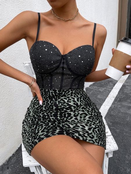 

leopard print sequin bodice bodycon dress w9be#, Black;gray