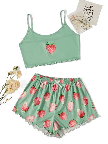 

strawberry print bow front lettuce trim cami pj set v9cg#, Black;red