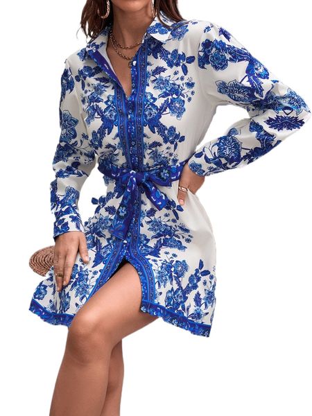 

floral print belted shirt dress u4ow#, Black;gray