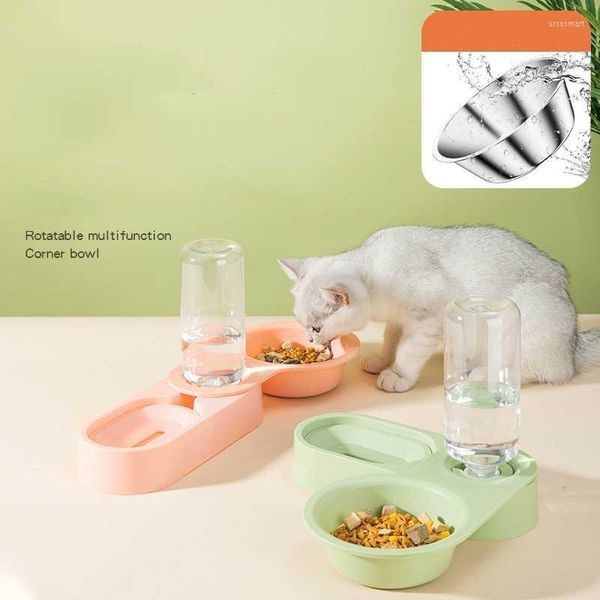 Pet Double Bowl aço inoxidável gato de canto rotativo Dobring cão de armazenamento automático de água e dispositivo de alimentação de tigelas alimentadoras