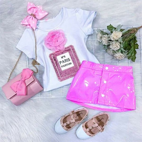 

toddler kids baby girl short sleeve 3d flower tshirt leather skirt fashion outfits clothes summer 220617, White