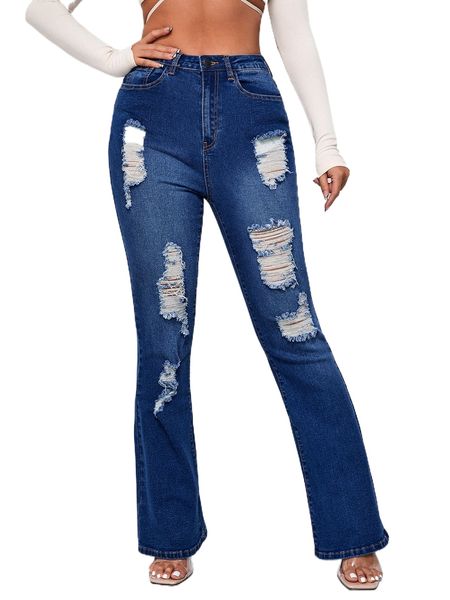 

sxy high waist ripped flare leg jeans 35gq#, Blue