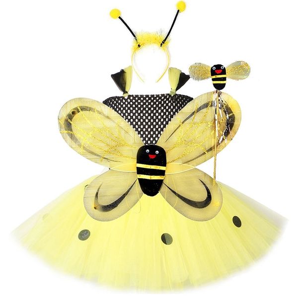 

cute honeybee children kids dresses girls tinkerbel costumes fairy tutu dress bee princess ball gown with dots 220618, Red;yellow