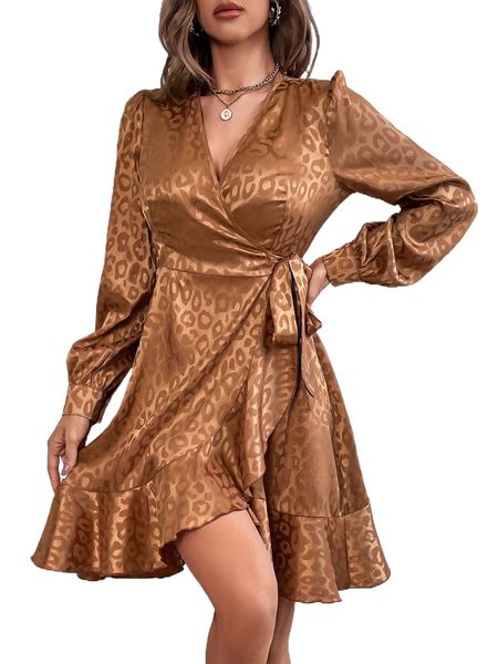 

leopard jacquard knot side satin dress 04ex#, Black;gray