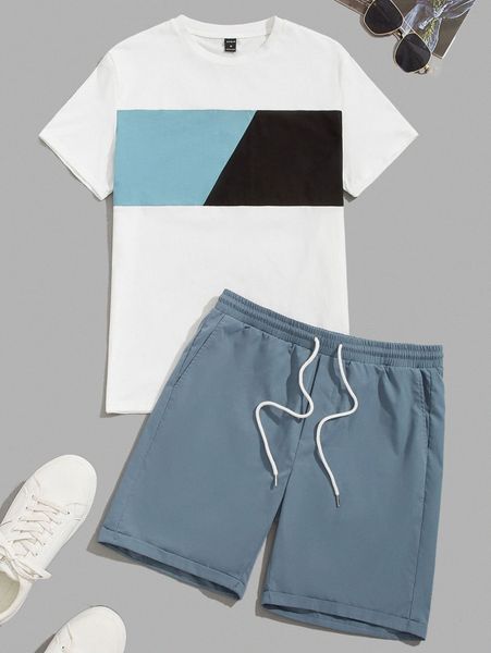 

men colorblock tee & drawstring waist shorts set g7nn#, Gray