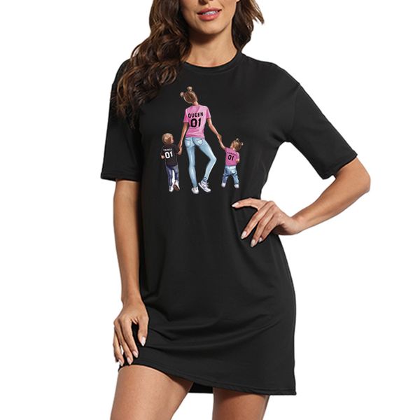 

tshirt dress womens super mom & baby cute print short sleeve o neck mini dresses woman casual loose summer plus size korean fashion clothes, Black