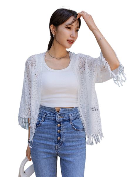 

dazy 1pc hollow out fringe trim batwing sleeve l7xf#, White