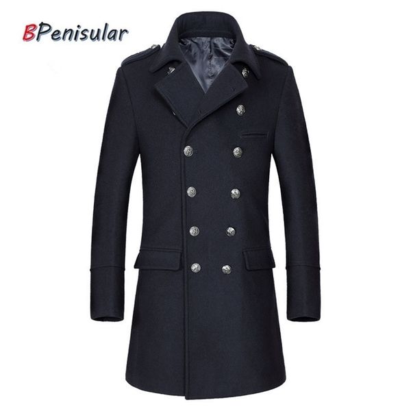 Winter Men Trench Coats Coat Breakbreaker de vento longo Longo sobretudo casaco de uniforme militar de peito duplo casual pavão para homens lj201109