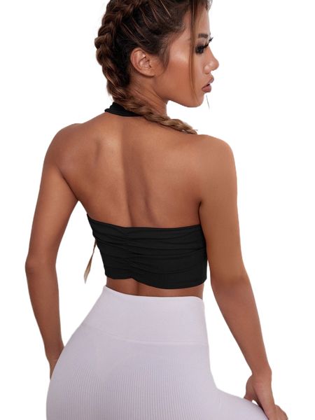 

medium support high stretch ruched backless sports bra c7k0#, Gray