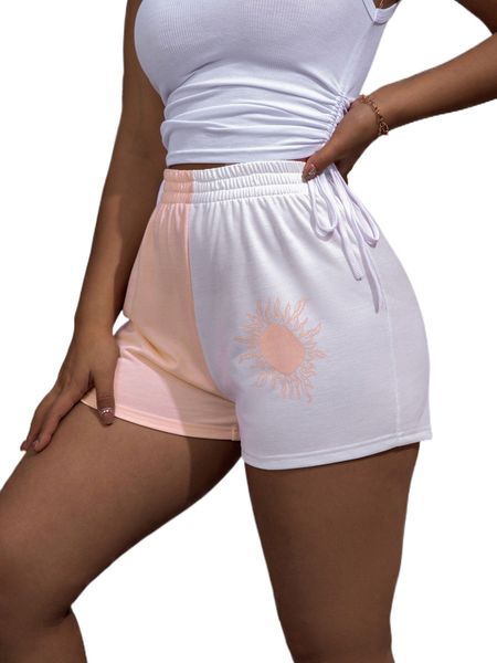 

sun print colorblock elastic waist shorts e0xa#, White;black