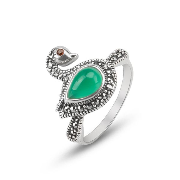 Anel de cisne multicolorido para mulheres calcedonias e anéis de dedos Marcasite