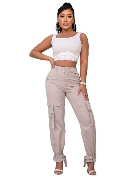 

joyfunear buckle flap pocket belted cargo pants t3dh#, Black;white