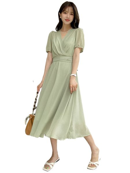 

dazy surplice neck puff sleeve dress d9e2#, Black;gray