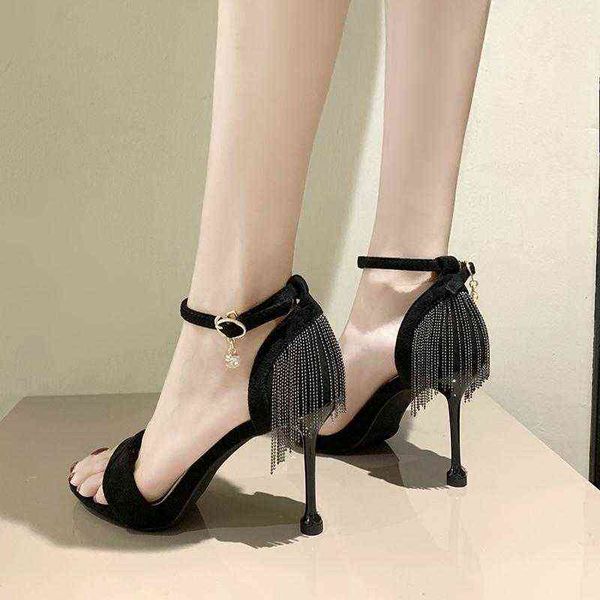 

fashion-8 cm super hoge hakken vrouwen sandalen gesp kwastje party schoenen maat 34 gladiator schoenen zapatos mujer, Black