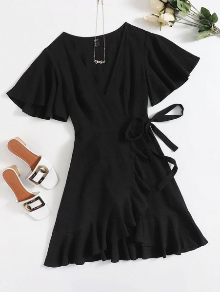 

butterfly sleeve ruffle hem wrap belted dress 14we#, Black;gray