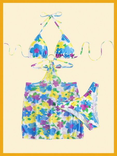 

allover floral print tie back halter cover up & bikini bottom k0sh#, White;black