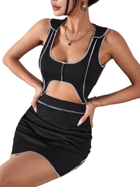 

stitching asymmetrical hem tank & skirt h7c6#, White