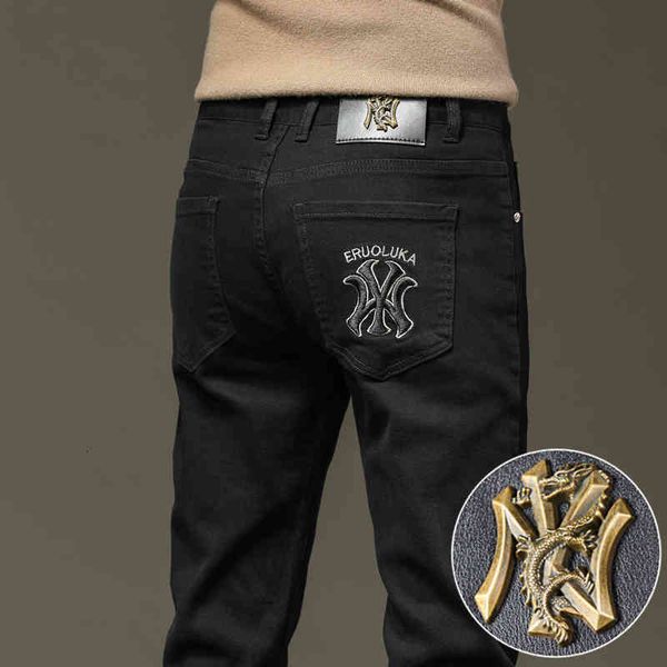 

men's jeans high end printed jeans men's autumn and winter emma fashion slim fit feet casual pants men jcfb, Blue