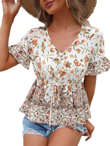 

floral print flounce sleeve drawstring waist peplum blouse n1ty#, White