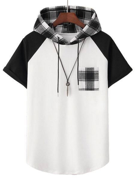 

men plaid raglan sleeve patched pocket drawstring hooded tee q8jp#, White;black