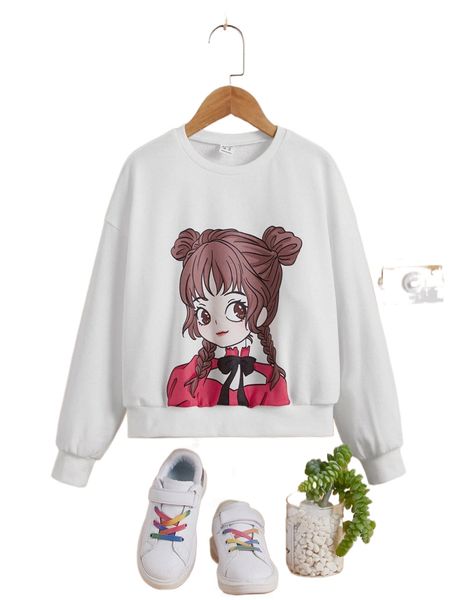 

girls figure graphic drop shoulder sweatshirt n50m#, Black;white