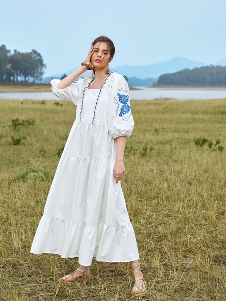 

floral print frill trim puff sleeve ruffle hem dress z45o#, Black;gray