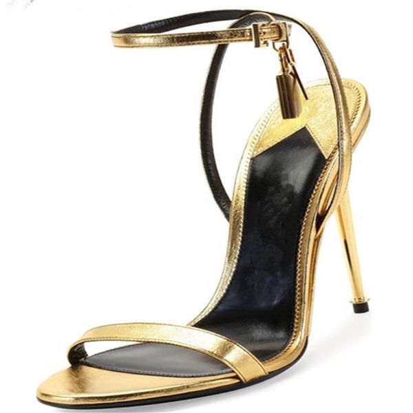 

designer gold sliver lock open toe buckle strap stiletto fashion sandals women luxury thin high metal heel shoes gold red bla261p, Black