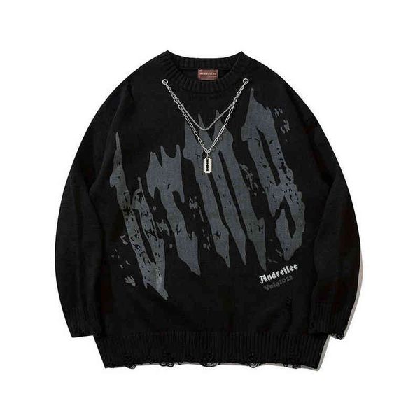 

new winter 2022 and autumn fashion mens oversized hip hop sweaters ripped letter print harajuku streetwear pullover sweater t220730, White;black