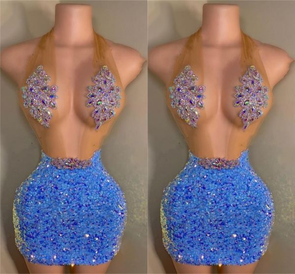

blue beaded cystal diamond short prom dresses for black girls 2022 sequin mini cocktail party gowns halter robe de soiree vestidos festa